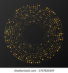 Resumen del tono medio dorado resplandeciente salpicado de fondo. Patrón de brillo dorado en forma de círculo. Círculo de puntos de semitono. Ilustración del vector