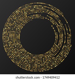 Abstract gold glowing halftone dotted background. Gold glitter pattern in circle form. Circle halftone dots. Vector illustration