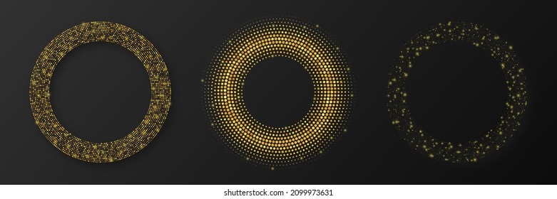 Abstract gold glowing halftone dotted background. Set of three gold glitter patterns in circle form. Circle halftone dots. Vector illustration