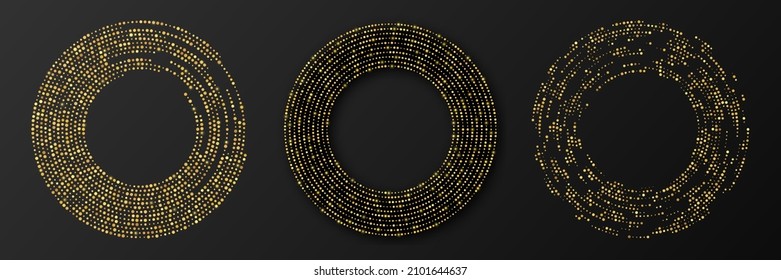Abstract gold glowing halftone dotted background. Set of three gold glitter patterns in circle form. Circle halftone dots. Vector illustration