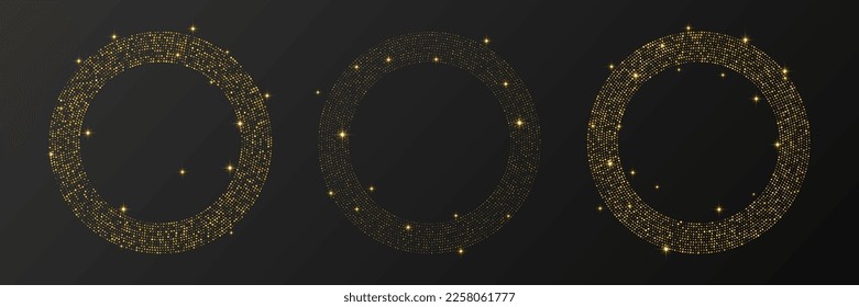 Abstrakter, goldener, leuchtender, gepunkteter Hintergrund. Satz von drei goldglänzenden Mustern in Kreisform. Kreishalftonpunkte. Vektorgrafik