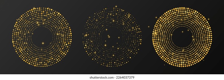 Abstract gold glowing halftone dotted background. Set of three gold glitter patterns in circle form. Circle halftone dots. Vector illustration