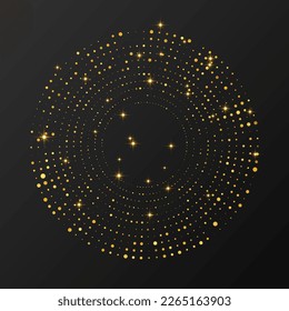 Abstract gold glowing halftone dotted background. Gold glitter pattern in circle form. Circle halftone dots. Vector illustration