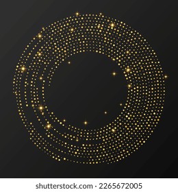 Resumen del tono medio dorado resplandeciente salpicado de fondo. Patrón de brillo dorado en forma de círculo. Círculo de puntos de semitono. Ilustración del vector