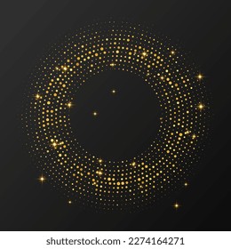 Abstract gold glowing halftone dotted background. Gold glitter pattern in circle form. Circle halftone dots. Vector illustration