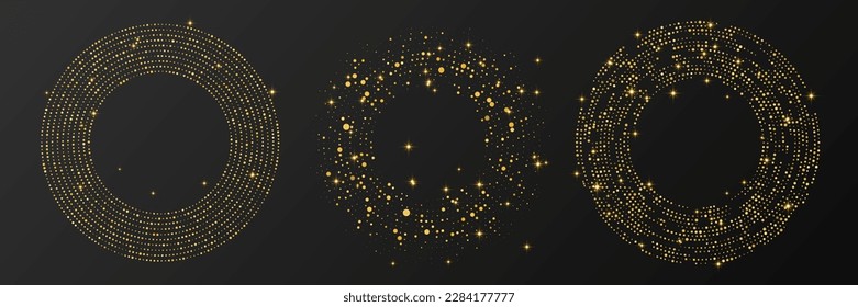 Resumen del tono medio dorado resplandeciente salpicado de fondo. Conjunto de tres patrones de brillo dorado en forma circular. Círculo de puntos de semitono. Ilustración del vector