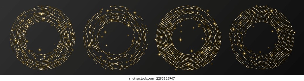 Resumen del tono medio dorado resplandeciente salpicado de fondo. Conjunto de cuatro patrones de brillo dorado en forma de círculo. Círculo de puntos de semitono. Ilustración del vector