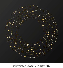 Resumen del tono medio dorado resplandeciente salpicado de fondo. Patrón de brillo dorado en forma de círculo. Círculo de puntos de semitono. Ilustración del vector