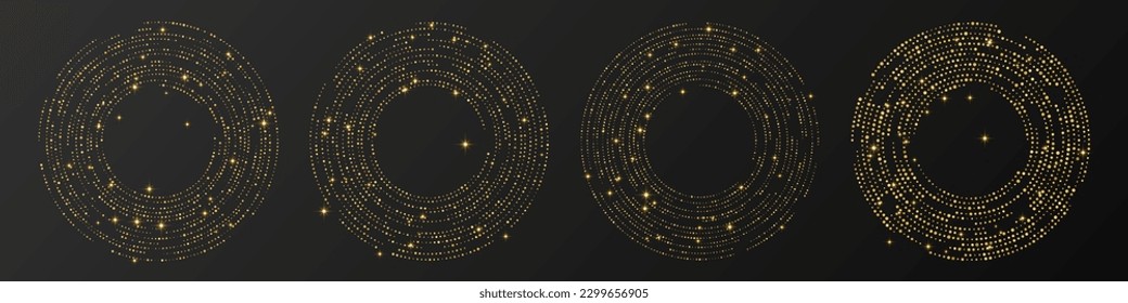 Abstract gold glowing halftone dotted background. Set of four gold glitter patterns in circle form. Circle halftone dots. Vector illustration
