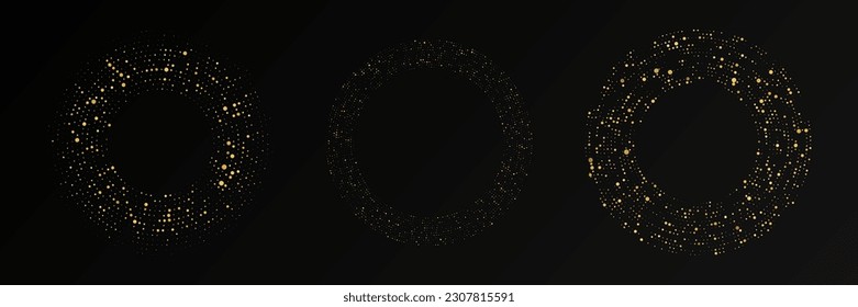 Abstract gold glowing halftone dotted background. Set of three gold glitter patterns in circle form. Circle halftone dots. Vector illustration