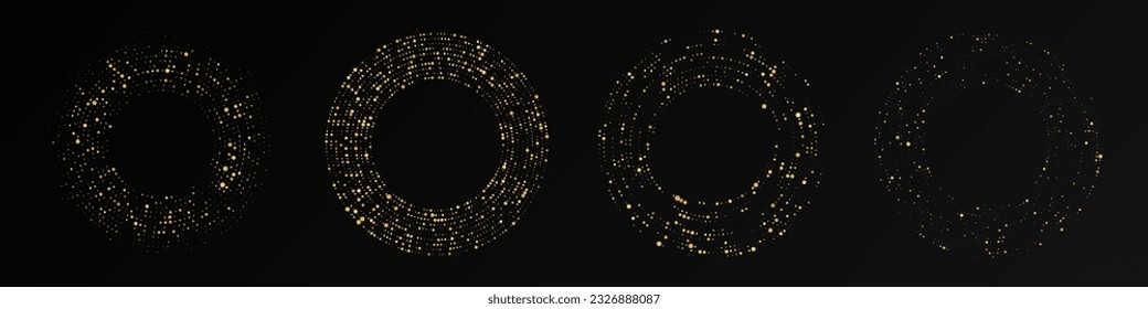 Abstract gold glowing halftone dotted background. Set of four gold glitter patterns in circle form. Circle halftone dots. Vector illustration