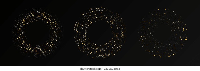 Abstract gold glowing halftone dotted background. Set of three gold glitter patterns in circle form. Circle halftone dots. Vector illustration