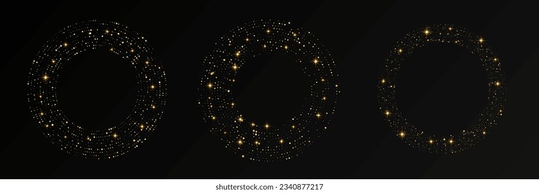 Abstract gold glowing halftone dotted background. Set of three gold glitter patterns in circle form. Circle halftone dots. Vector illustration