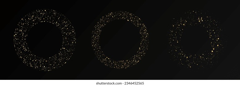 Abstract gold glowing halftone dotted background. Set of three gold glitter patterns in circle form. Circle halftone dots. Vector illustration