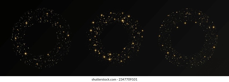 Resumen del tono medio dorado resplandeciente salpicado de fondo. Conjunto de tres patrones de brillo dorado en forma circular. Círculo de puntos de semitono. Ilustración del vector