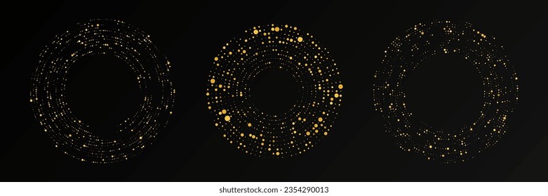 Abstract gold glowing halftone dotted background. Set of three gold glitter patterns in circle form. Circle halftone dots. Vector illustration