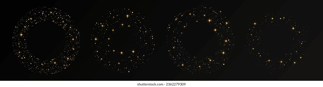 Resumen del tono medio dorado resplandeciente salpicado de fondo. Conjunto de cuatro patrones de brillo dorado en forma de círculo. Círculo de puntos de semitono. Ilustración del vector
