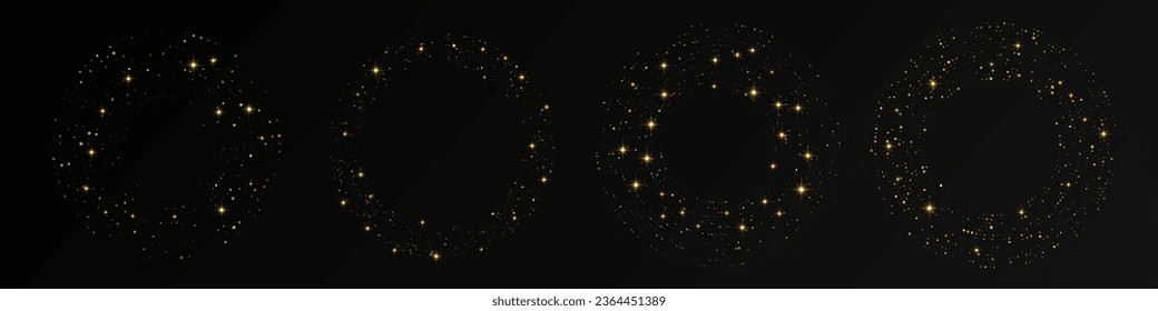 Resumen del tono medio dorado resplandeciente salpicado de fondo. Conjunto de cuatro patrones de brillo dorado en forma de círculo. Círculo de puntos de semitono. Ilustración del vector