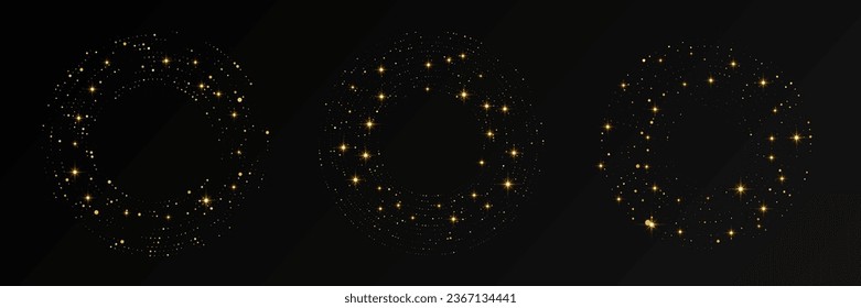 Abstrakter, goldener, leuchtender, gepunkteter Hintergrund. Satz von drei goldglänzenden Mustern in Kreisform. Kreishalftonpunkte. Vektorgrafik