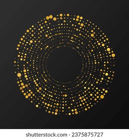 Abstrakter, goldener, leuchtender, gepunkteter Hintergrund. Goldenes Glittermuster in Kreisform. Kreishalftonpunkte. Vektorgrafik
