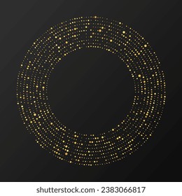 Resumen del tono medio dorado resplandeciente salpicado de fondo. Patrón de brillo dorado en forma de círculo. Círculo de puntos de semitono. Ilustración del vector
