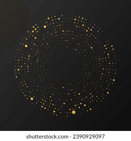 Resumen del tono medio dorado resplandeciente salpicado de fondo. Patrón de brillo dorado en forma de círculo. Círculo de puntos de semitono. Ilustración del vector
