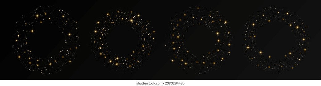 Abstrakter, goldener, leuchtender, gepunkteter Hintergrund. Satz von vier goldglänzenden Mustern in Kreisform. Kreishalftonpunkte. Vektorgrafik