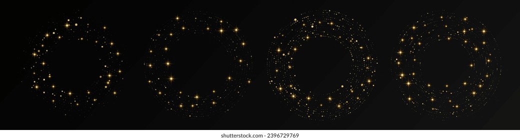 Abstrakter, goldener, leuchtender, gepunkteter Hintergrund. Satz von vier goldglänzenden Mustern in Kreisform. Kreishalftonpunkte. Vektorgrafik