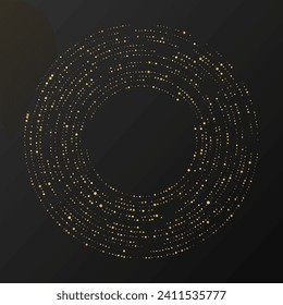 Abstract gold glowing halftone dotted background. Gold glitter pattern in circle form. Circle halftone dots. Vector illustration