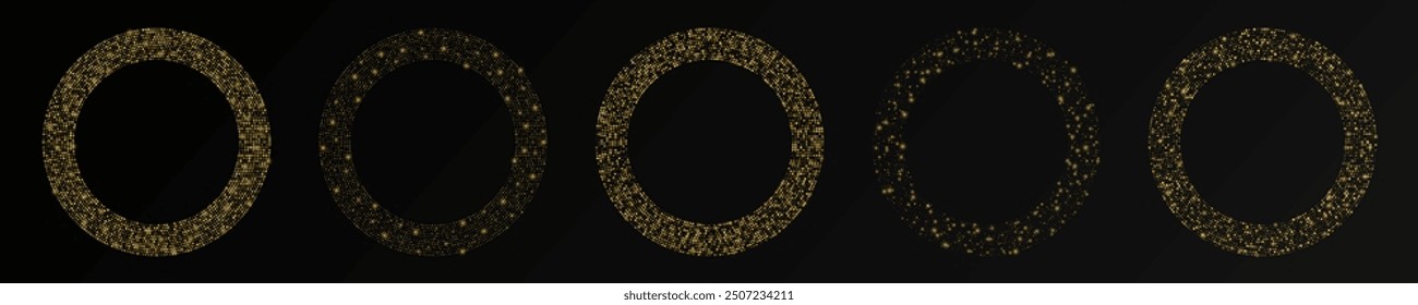 Abstractas fondo punteado de semitono brillante de oro. Conjunto de cinco patrones de purpurina de oro en forma de círculo. Círculo de puntos de semitono. Ilustración vectorial