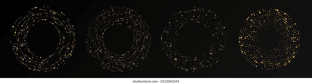 Abstractas fondo punteado de semitono brillante de oro. Conjunto de cuatro patrones de purpurina de oro en forma de círculo. Círculo de puntos de semitono. Ilustración vectorial