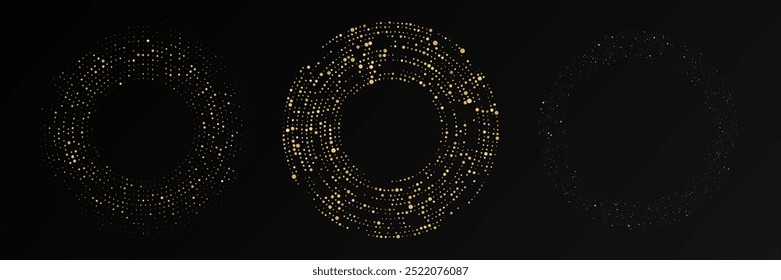 Abstract gold glowing halftone dotted background. Set of three gold glitter patterns in circle form. Circle halftone dots. Vector illustration