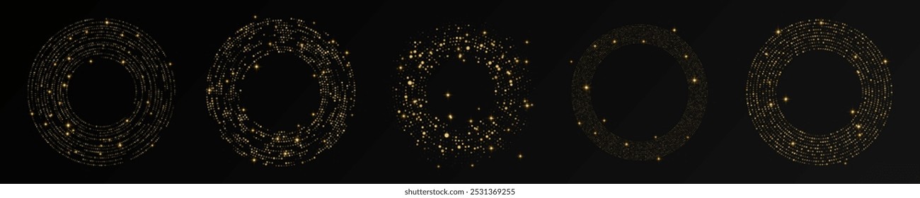 Abstractas fondo punteado de semitono brillante de oro. Conjunto de cinco patrones de purpurina de oro en forma de círculo. Círculo de puntos de semitono. Ilustración vectorial
