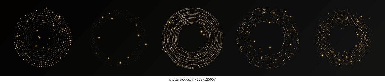 Abstract gold glowing halftone dotted background. Set of five gold glitter patterns in circle form. Circle halftone dots. Vector illustration