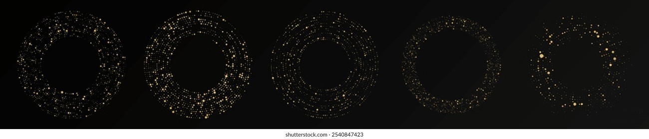 Abstract gold glowing halftone dotted background. Set of five gold glitter patterns in circle form. Circle halftone dots. Vector illustration