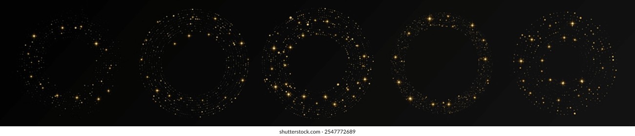 Abstract gold glowing halftone dotted background. Set of five gold glitter patterns in circle form. Circle halftone dots. Vector illustration