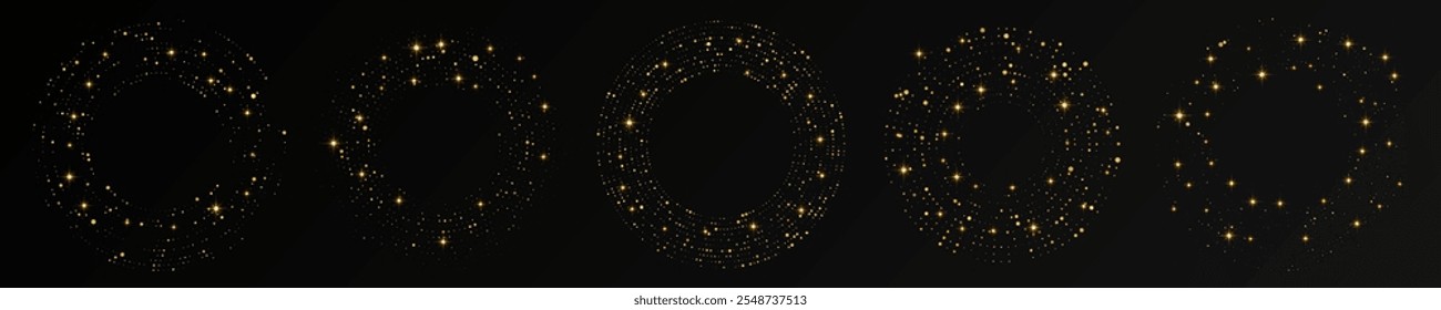 Abstract gold glowing halftone dotted background. Set of five gold glitter patterns in circle form. Circle halftone dots. Vector illustration