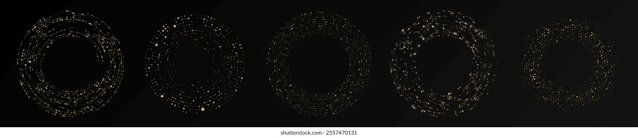 Abstract gold glowing halftone dotted background. Set of five gold glitter patterns in circle form. Circle halftone dots. Vector illustration