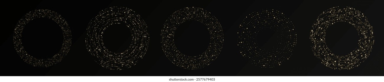 Abstract gold glowing halftone dotted background. Set of five gold glitter patterns in circle form. Circle halftone dots. Vector illustration