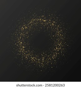Abstract gold glowing halftone dotted background. Gold glitter pattern in circle form. Circle halftone dots. Vector illustration