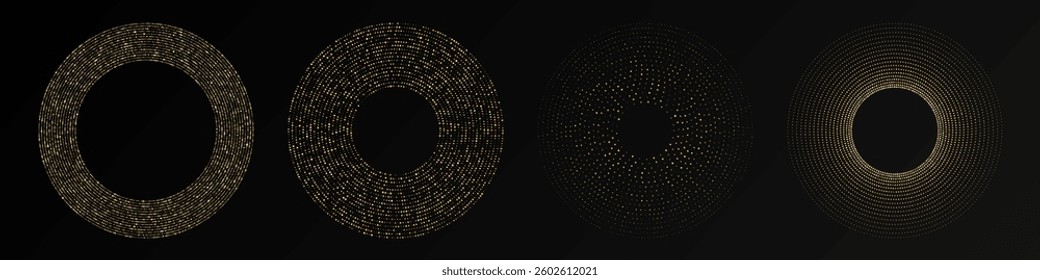 Abstract gold glowing halftone dotted background. Set of four gold glitter patterns in circle form. Circle halftone dots. Vector illustration
