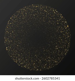 Abstract gold glowing halftone dotted background. Gold glitter pattern in circle form. Circle halftone dots. Vector illustration