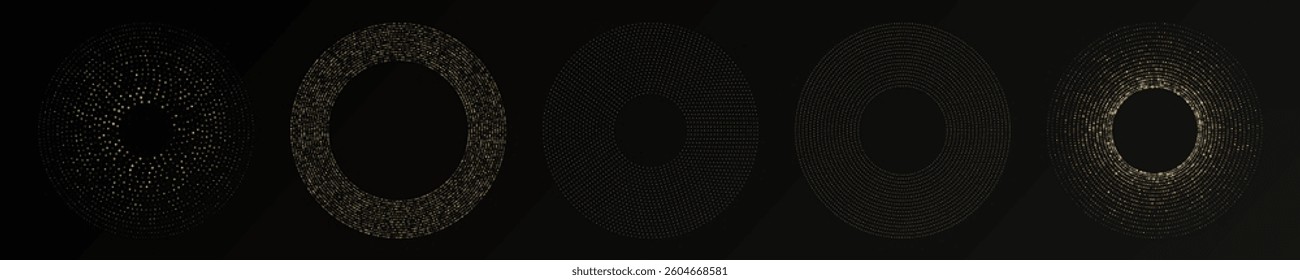 Abstract gold glowing halftone dotted background. Set of five gold glitter patterns in circle form. Circle halftone dots. Vector illustration