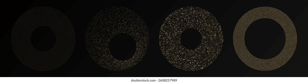 Abstract gold glowing halftone dotted background. Set of four gold glitter patterns in circle form. Circle halftone dots. Vector illustration