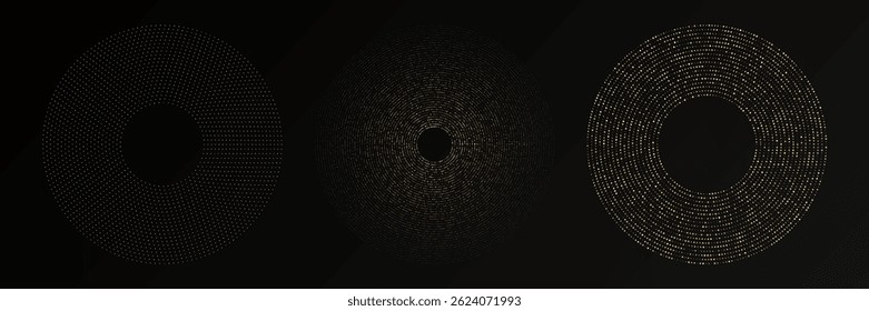 Abstract gold glowing halftone dotted background. Set of three gold glitter patterns in circle form. Circle halftone dots. Vector illustration