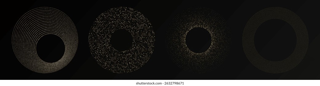 Abstrato ouro brilhante meio-tom pontilhado fundo. Conjunto de quatro padrões de brilho dourado em forma de círculo. Pontos de meio-tom do círculo. Ilustração vetorial