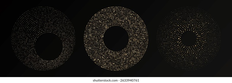 Abstract gold glowing halftone dotted background. Set of three gold glitter patterns in circle form. Circle halftone dots. Vector illustration