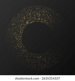 Abstract gold glowing halftone dotted background. Gold glitter pattern in circle form. Circle halftone dots. Vector illustration
