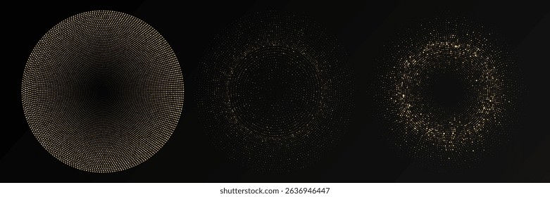 Abstract gold glowing halftone dotted background. Set of three gold glitter patterns in circle form. Circle halftone dots. Vector illustration