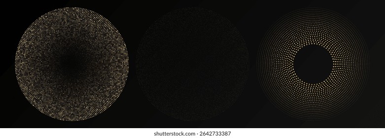 Abstrato ouro brilhante meio-tom pontilhado fundo. Conjunto de três padrões de brilho dourado em forma de círculo. Pontos de meio-tom do círculo. Ilustração vetorial